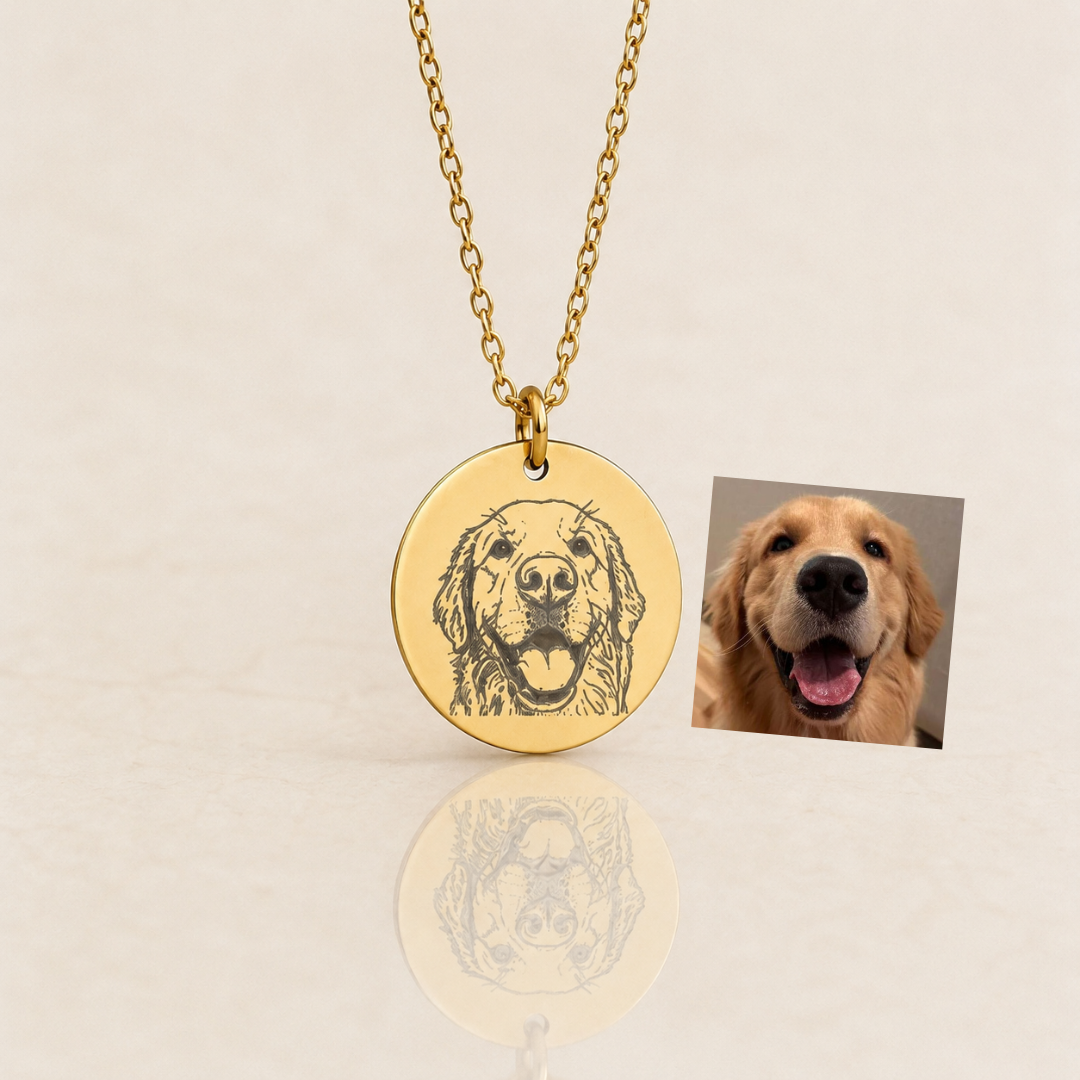 Custom pet portrait necklace in gold — golden retriever photo engraved onto pendant