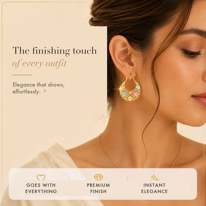 Filigree Crescent Hoop Earrings worn — the finishing touch of every outfit