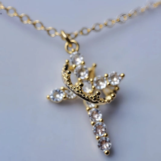 Crown cross pendant necklace with sparkling zirconia stones