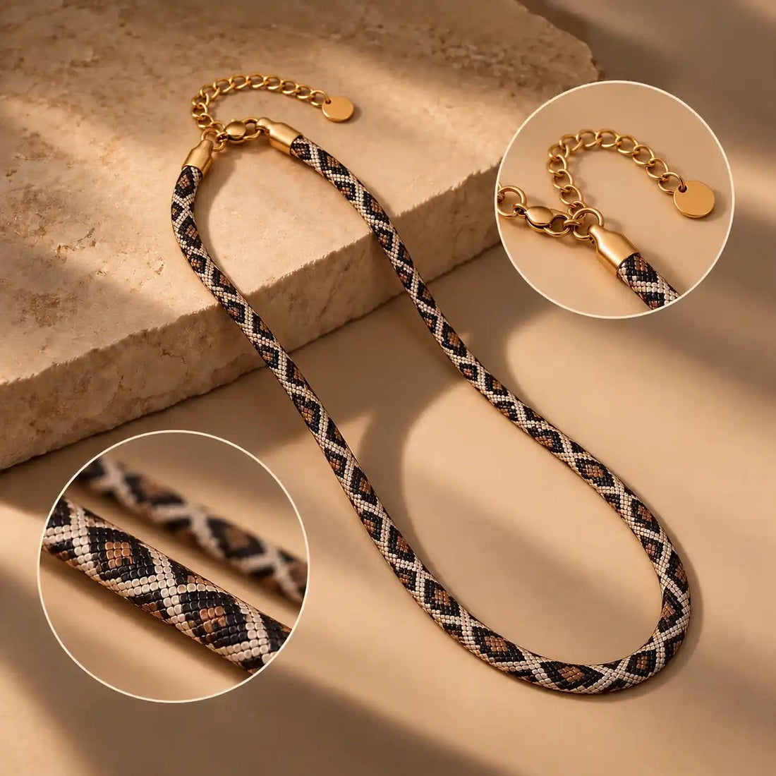 Close detail of the gold clasp and the braided weave
