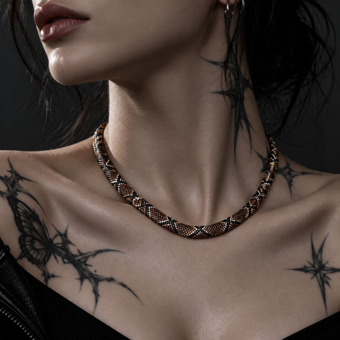 Braided snake necklace worn for the evening
