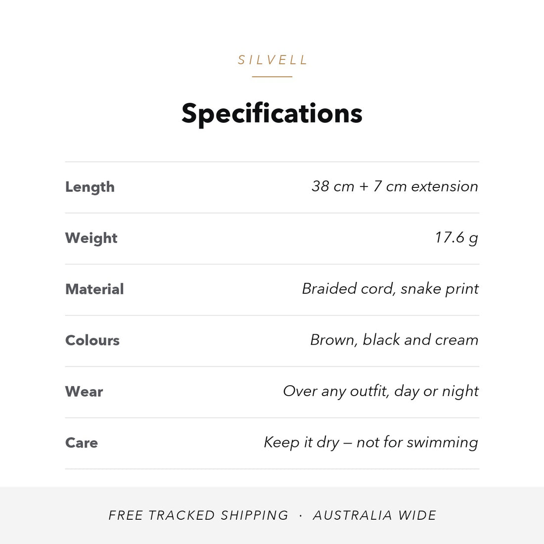 Specifications — 38 cm chain with 7 cm extension, 17.6 g, braided snake-print cord