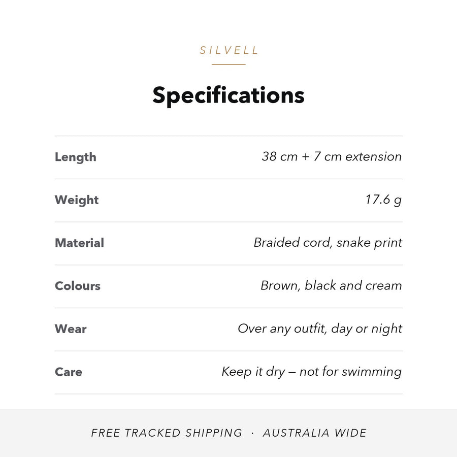 Specifications — 38 cm chain with 7 cm extension, 17.6 g, braided snake-print cord