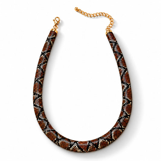 Braided snake-print necklace in brown, black and cream tones